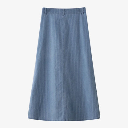 Pinstripe Denim Maxi Skirt (A-Line, Stretch Fit)