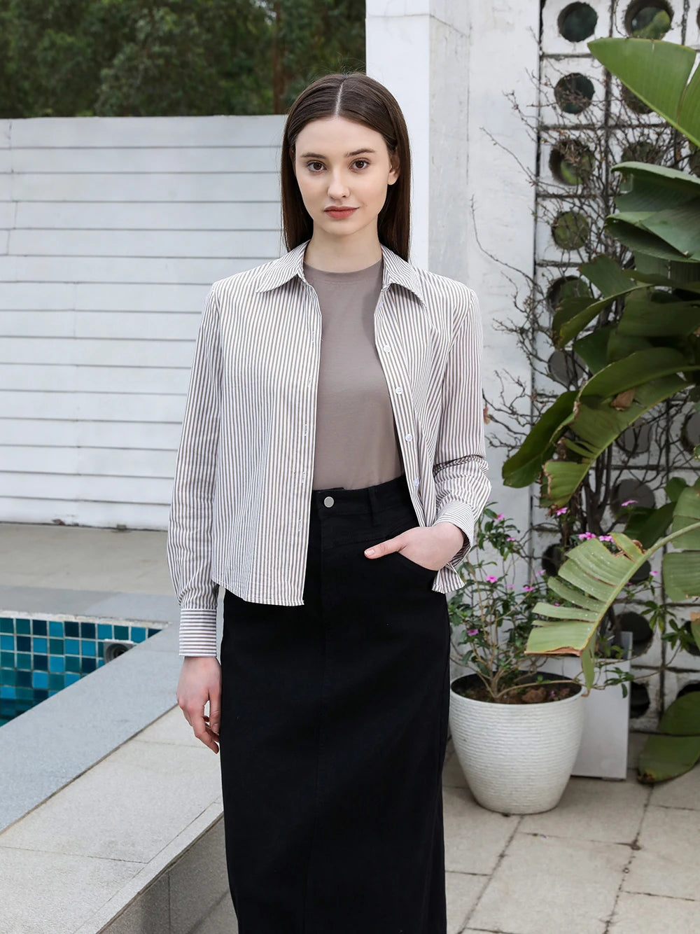 Printed Cotton Blouse & Denim Maxi Skirt Set – Sleeveless Modest Fit