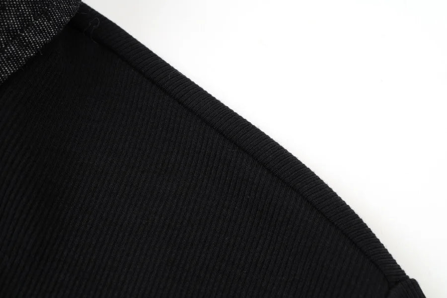 Ribbed Cardigan with Denim Collar + Sleeveless Maxi Dress Set