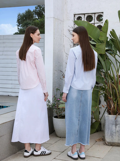 Printed Cotton Blouse & Denim Maxi Skirt Set – Sleeveless Modest Fit