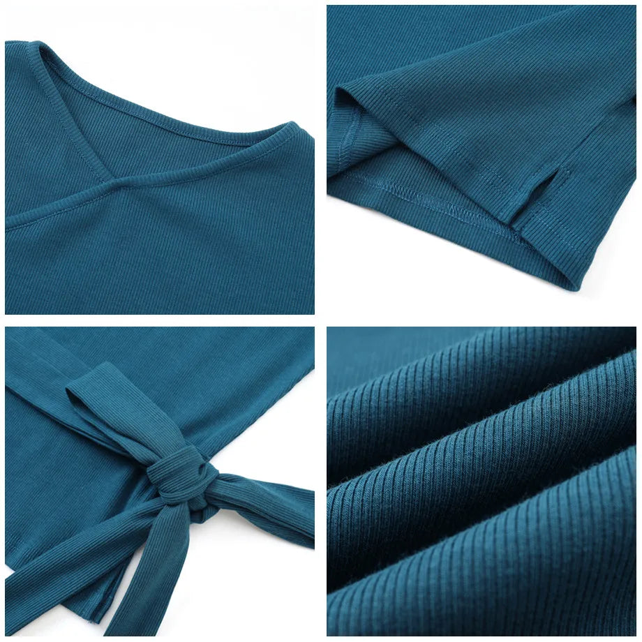 2-Piece Ribbed Wrap Top + Satin Slip Maxi Dress Set (Autumn Edition)