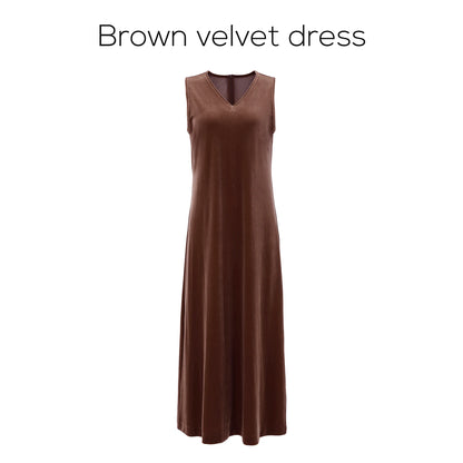 Elegant Velvet V-Neck Maxi Dress – Long Sleeve Modest Fit