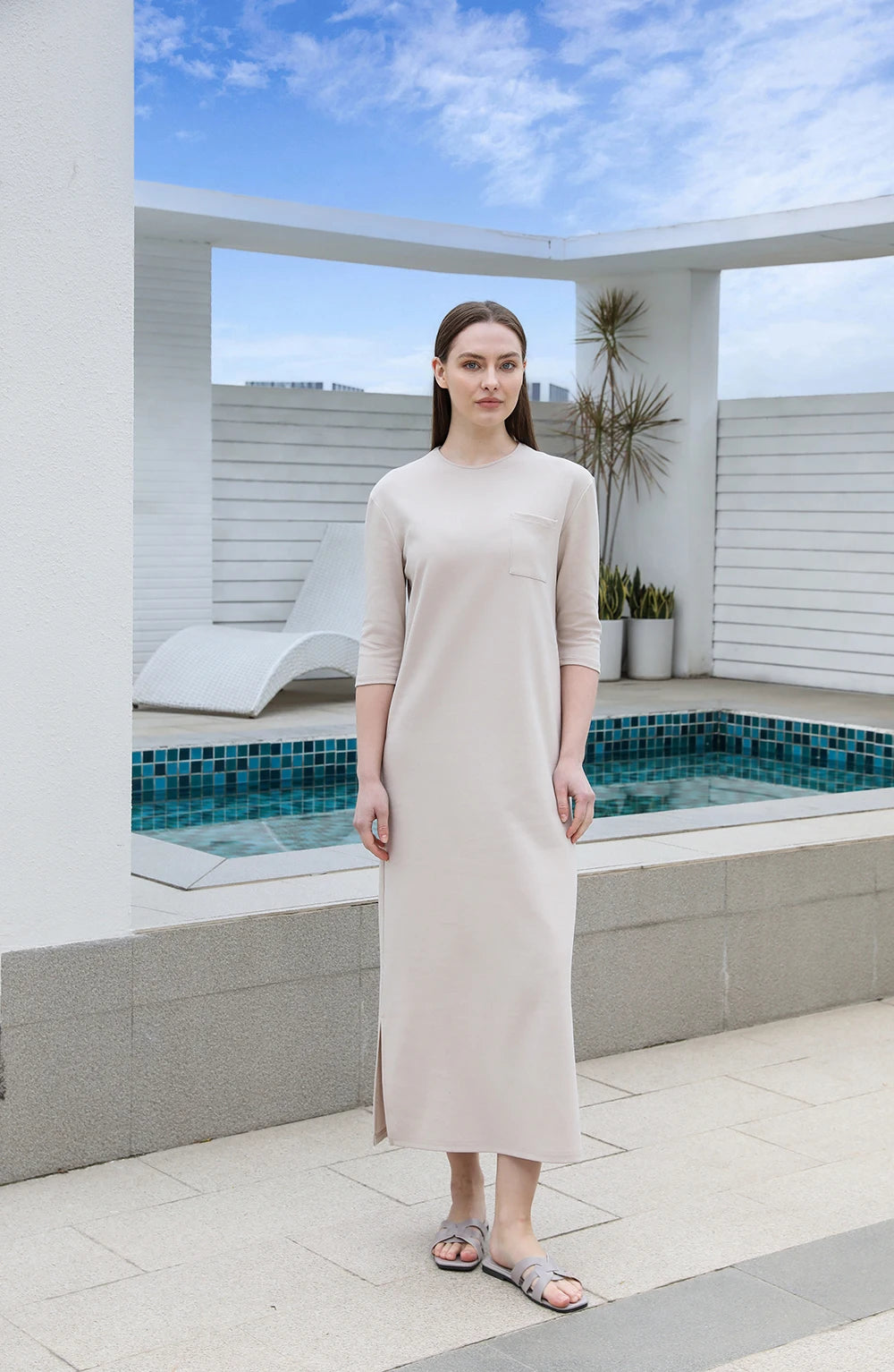 Soft Cotton Maxi Dress – 3/4 Sleeve with Side Pockets