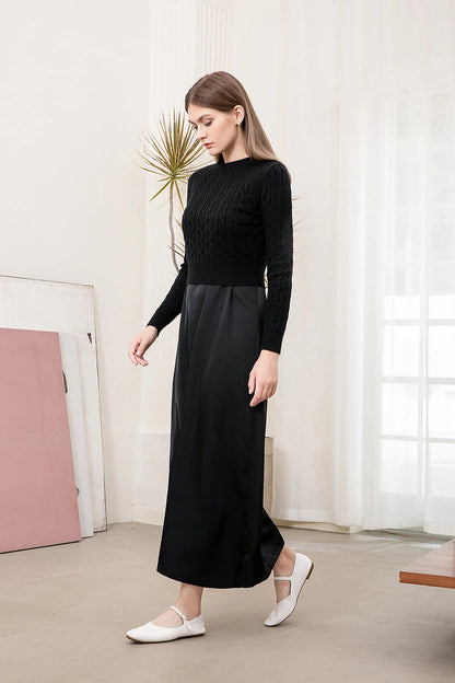 Cableknit Sweater & Satin Maxi Dress Set – Soft Modest Fit