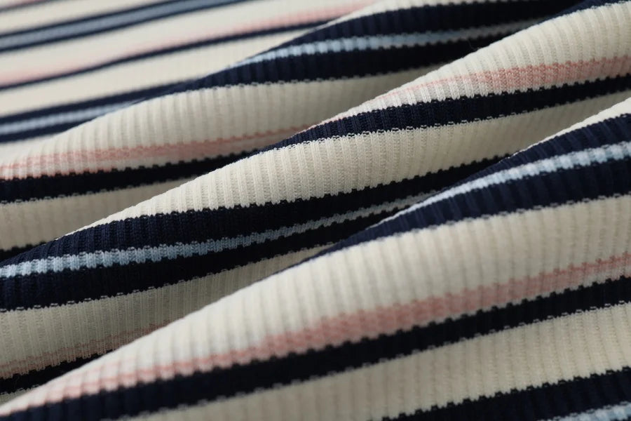 Striped Ribbed Top with 3/4 Sleeves (High Stretch Cotton Blend)