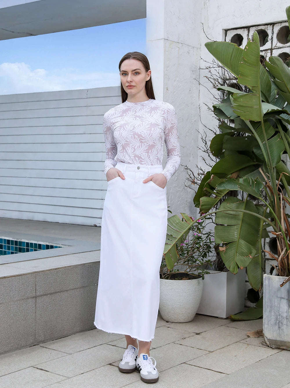 Printed Cotton Blouse & Denim Maxi Skirt Set – Sleeveless Modest Fit