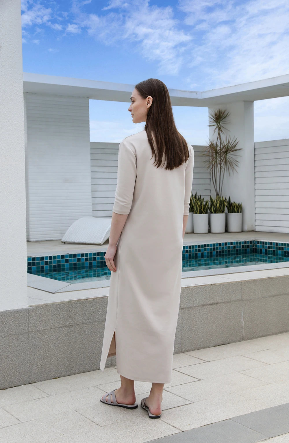 Soft Cotton Maxi Dress – 3/4 Sleeve with Side Pockets