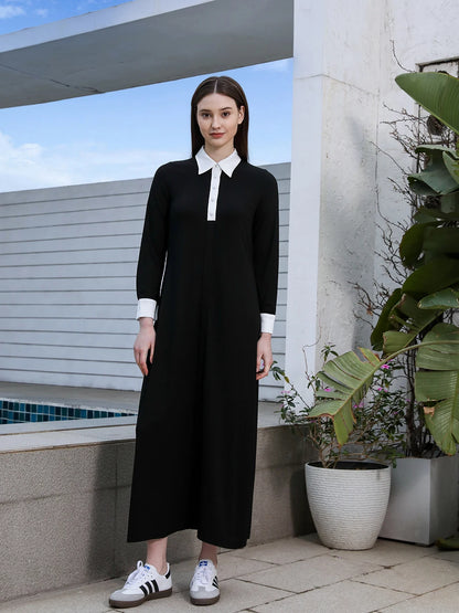 Modal Maxi Dress – Satin Patchwork Cuffs & Batwing Sleeves