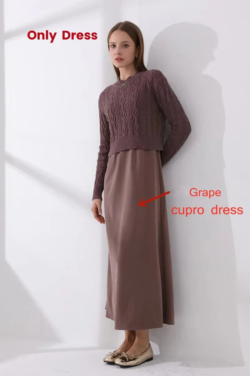 2-Piece Cable Knit Top + Cupro Slip Maxi Dress Set
