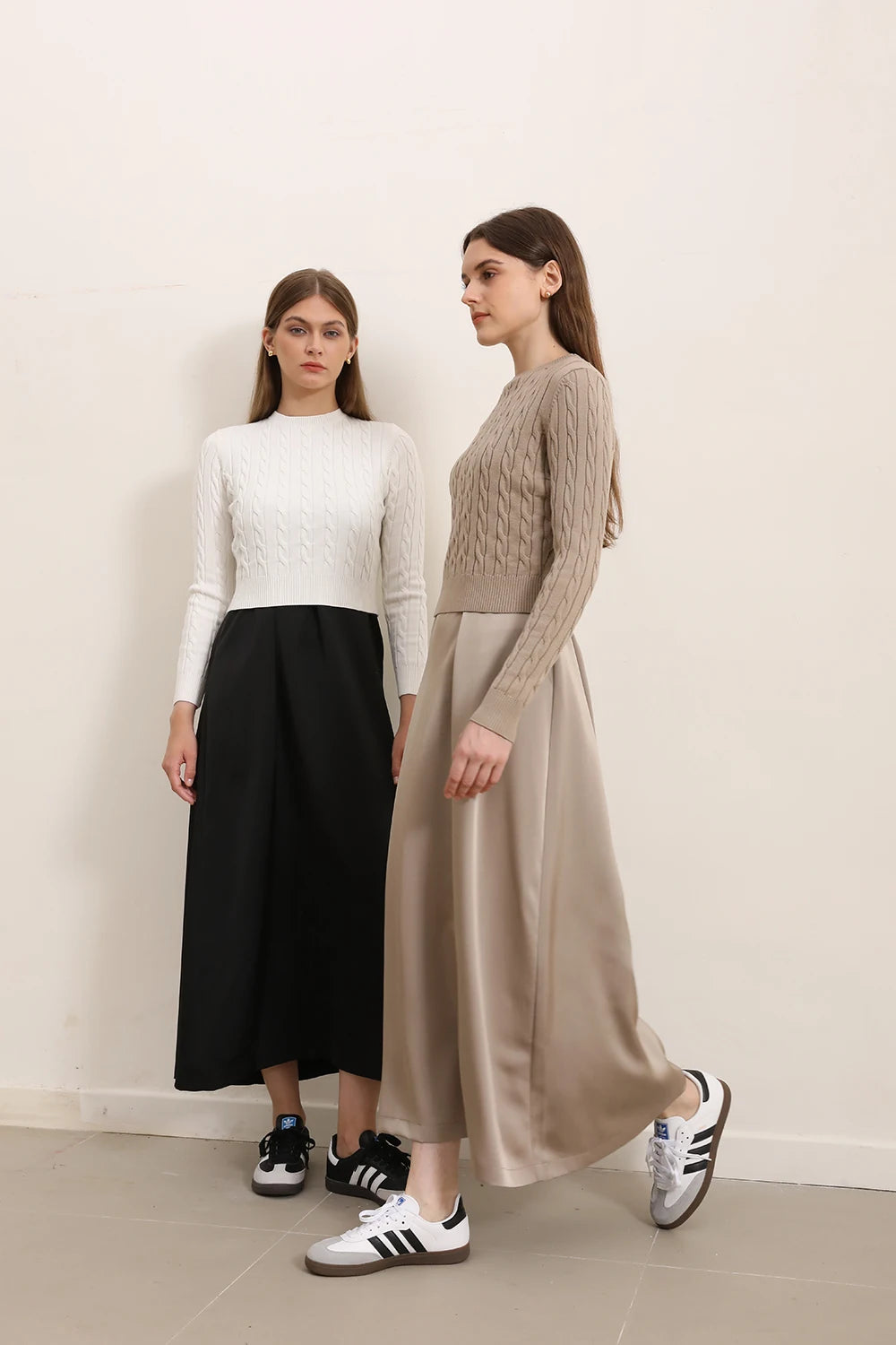 Cableknit Sweater & Satin Maxi Dress Set – Soft Modest Fit