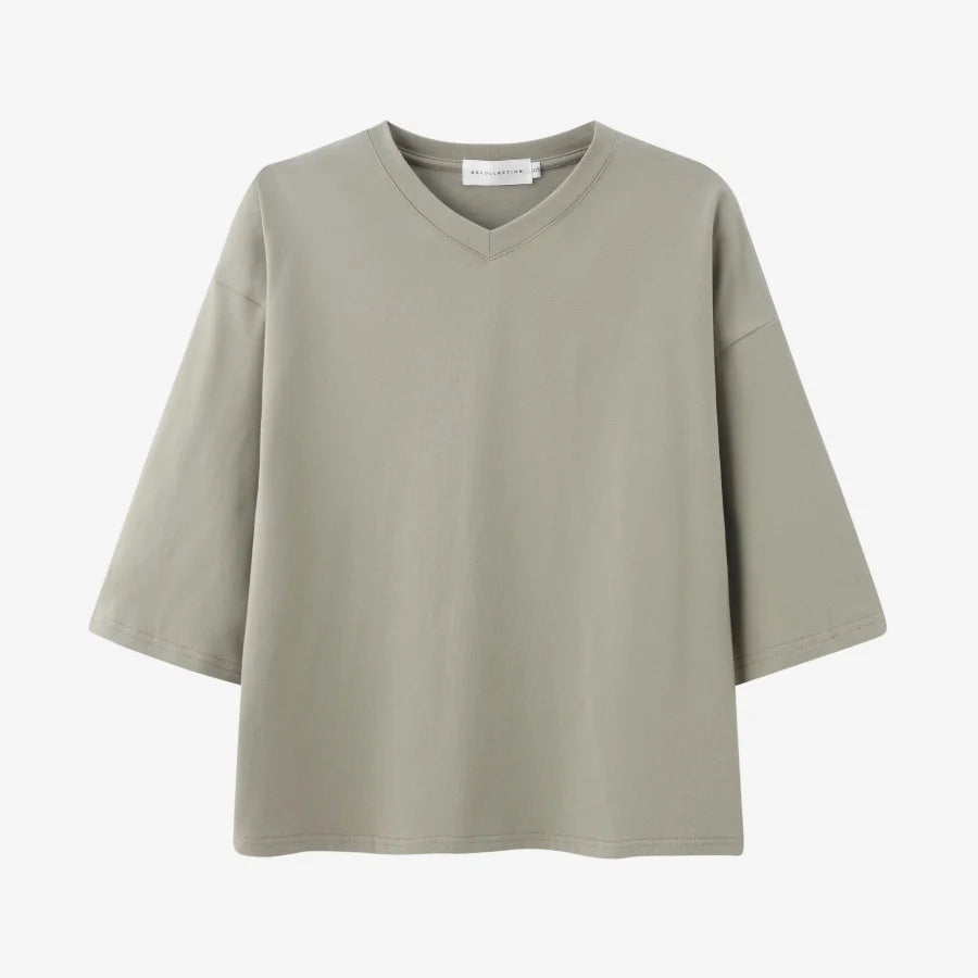 Loose Boxy V-Neck Tee with Drop Sleeves (Cotton Blend)