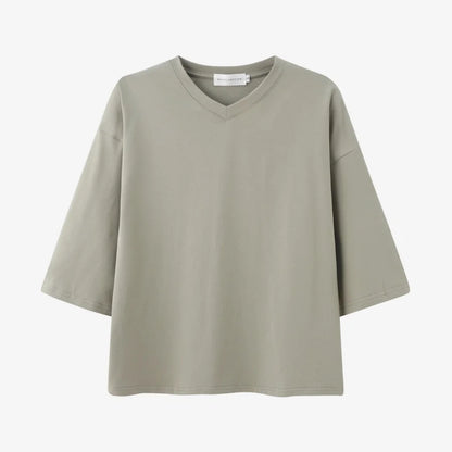 Loose Boxy V-Neck Tee with Drop Sleeves (Cotton Blend)