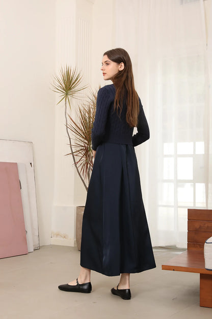 Cableknit Sweater & Satin Maxi Dress Set – Soft Modest Fit