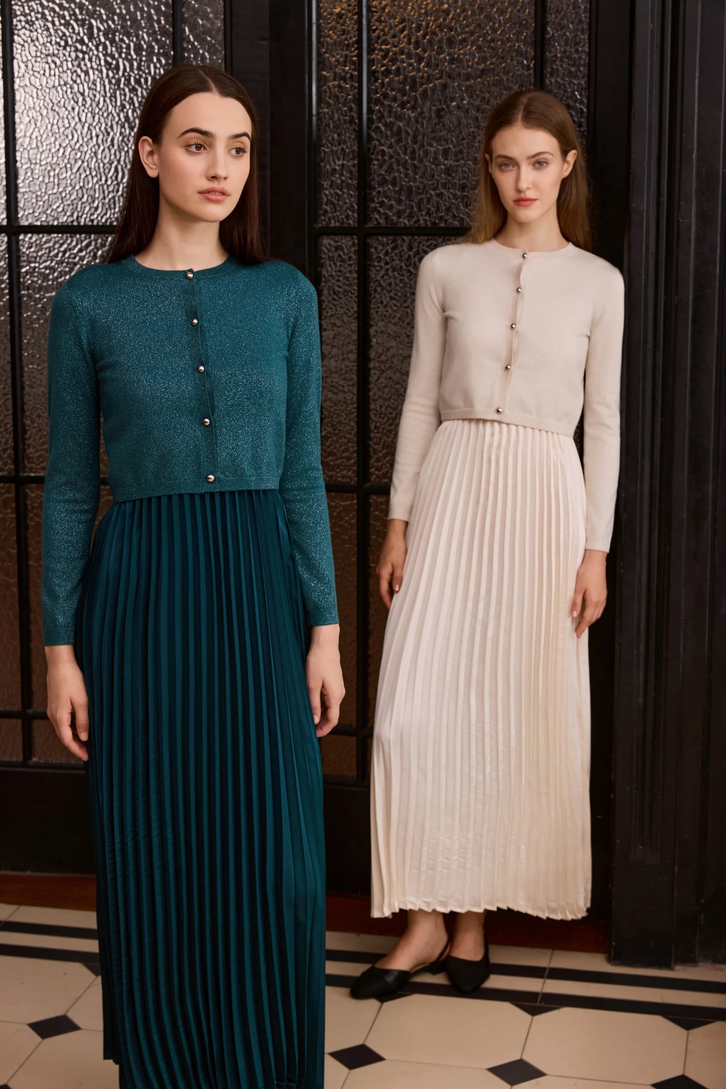 2-Piece Satin Pleated Slip Dress with Shimmer Cardigan