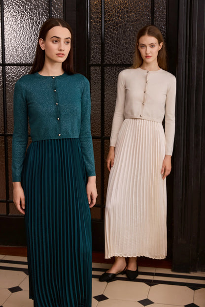 2-Piece Satin Pleated Slip Dress with Shimmer Cardigan