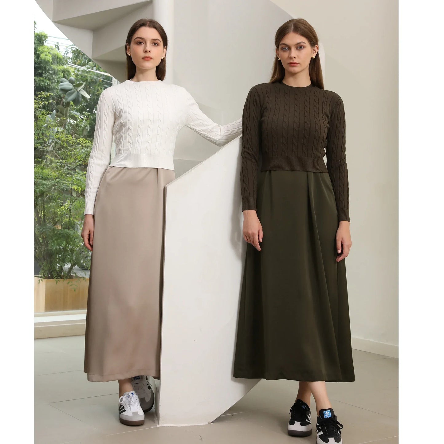 Cableknit Sweater & Satin Maxi Dress Set – Soft Modest Fit