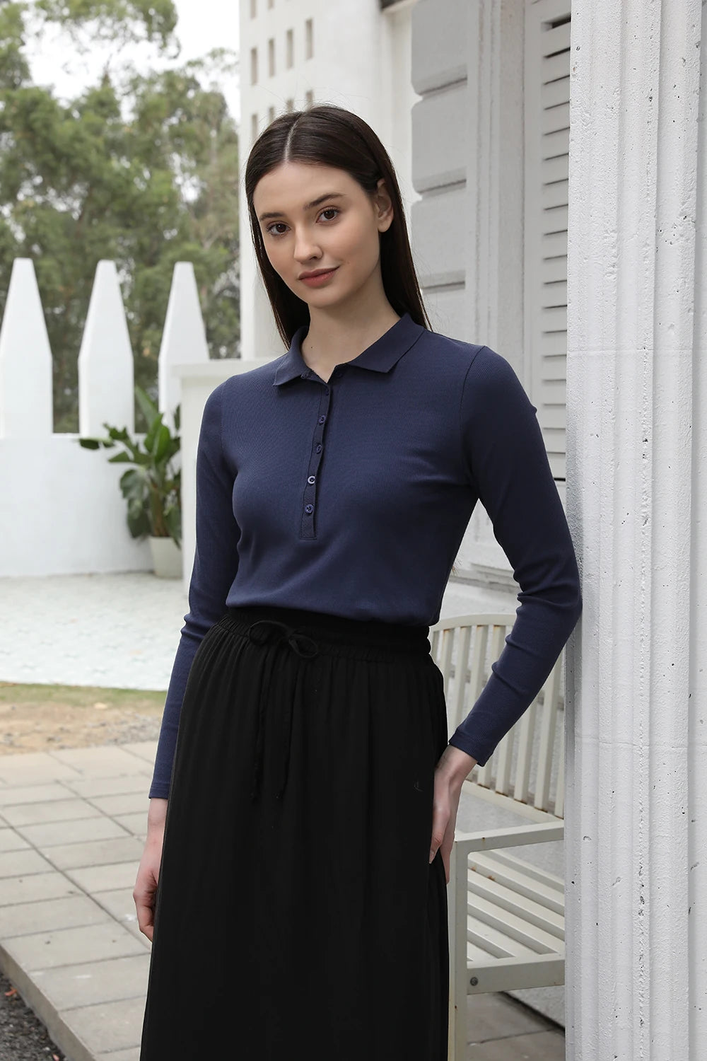 Cotton Blend Turn-Down Collar Top & A-Line Maxi Skirt Set – Modest Casual Fit