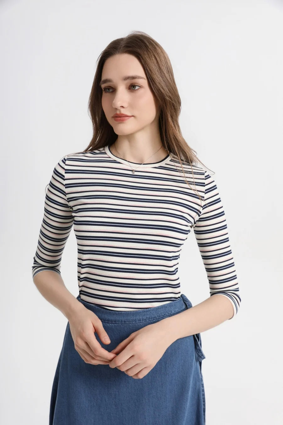 Striped Ribbed Top with 3/4 Sleeves (High Stretch Cotton Blend)