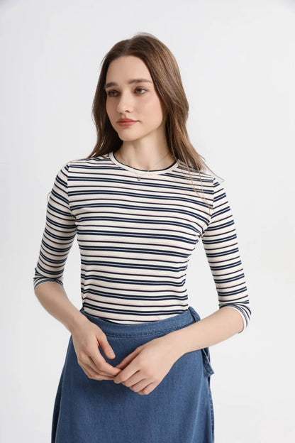 Striped Ribbed Top with 3/4 Sleeves (High Stretch Cotton Blend)