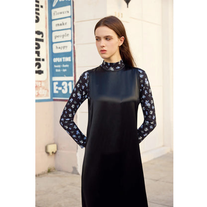 Printed Satin Maxi Dress Set – Mesh Inner Top + Knitted Vest (3-Piece Set)