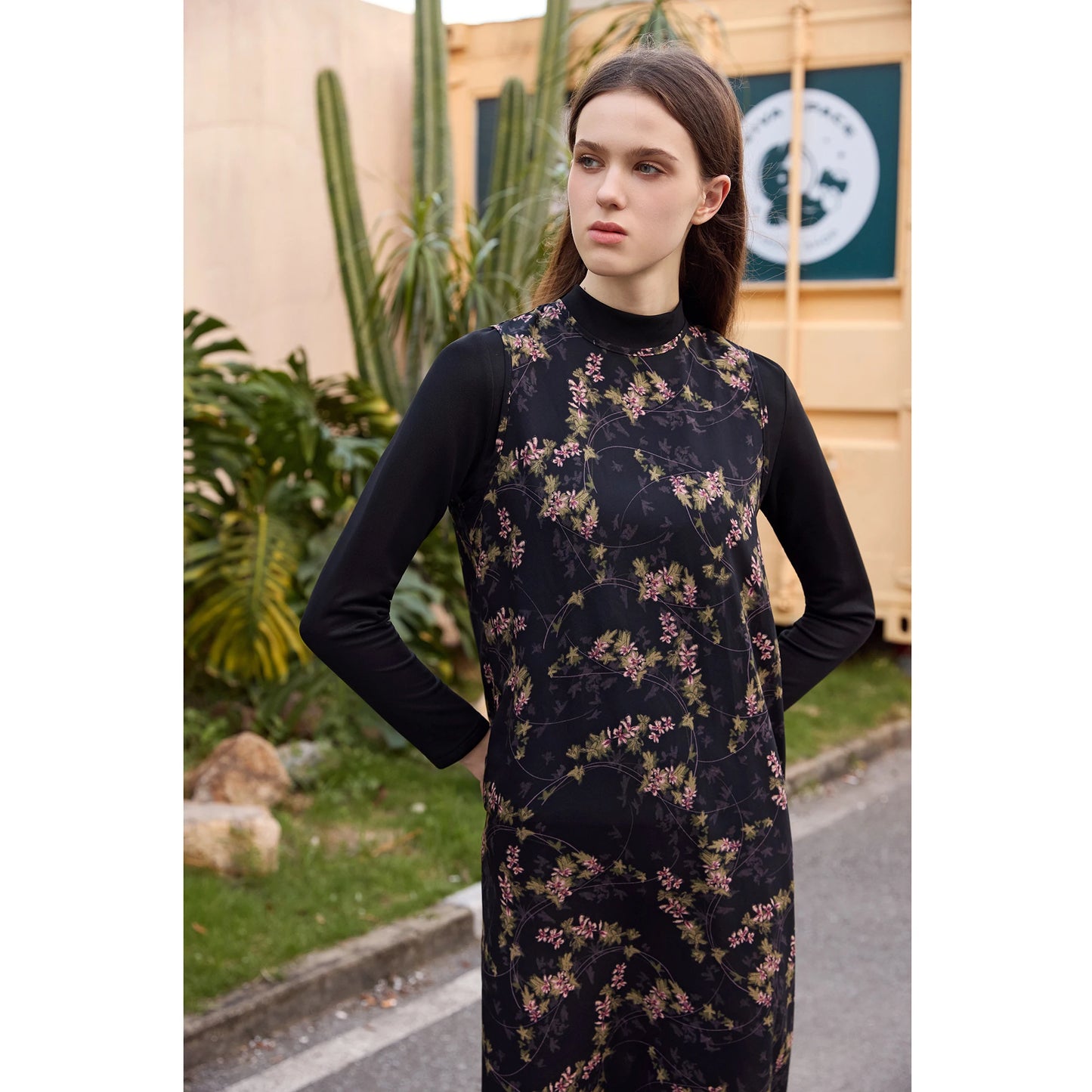 3-Piece Printed Satin Maxi Dress Set – Cardigan + Mock Neck Inner Layer