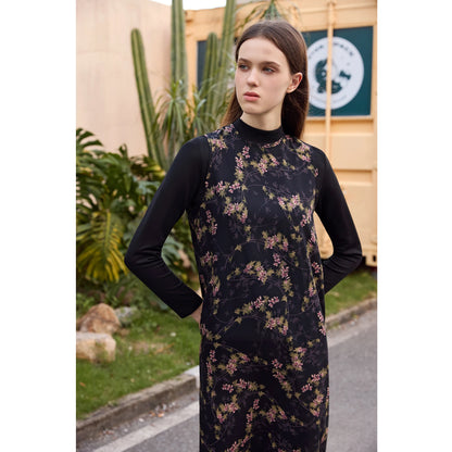 3-Piece Printed Satin Maxi Dress Set – Cardigan + Mock Neck Inner Layer