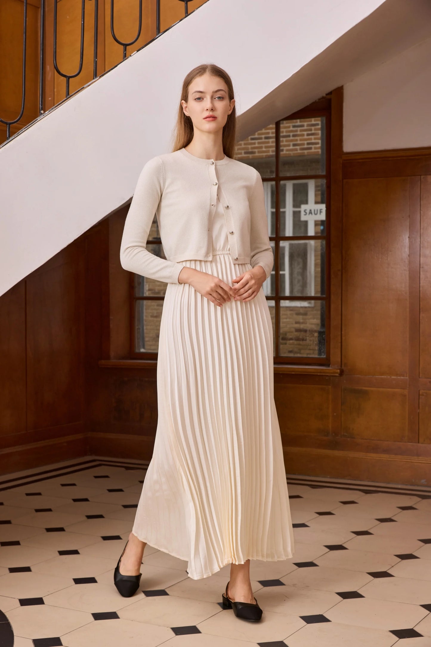 2-Piece Satin Pleated Slip Dress with Shimmer Cardigan