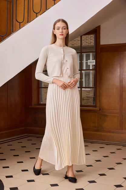 2-Piece Satin Pleated Slip Dress with Shimmer Cardigan