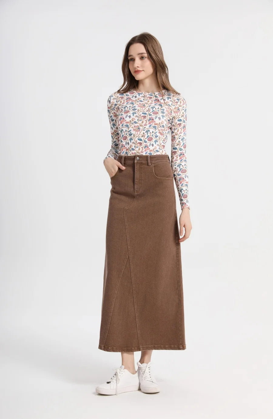 Elastic Denim Maxi Skirt (A-Line Stretch Fit)