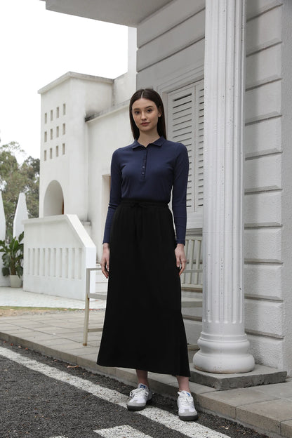 Cotton Blend Turn-Down Collar Top & A-Line Maxi Skirt Set – Modest Casual Fit