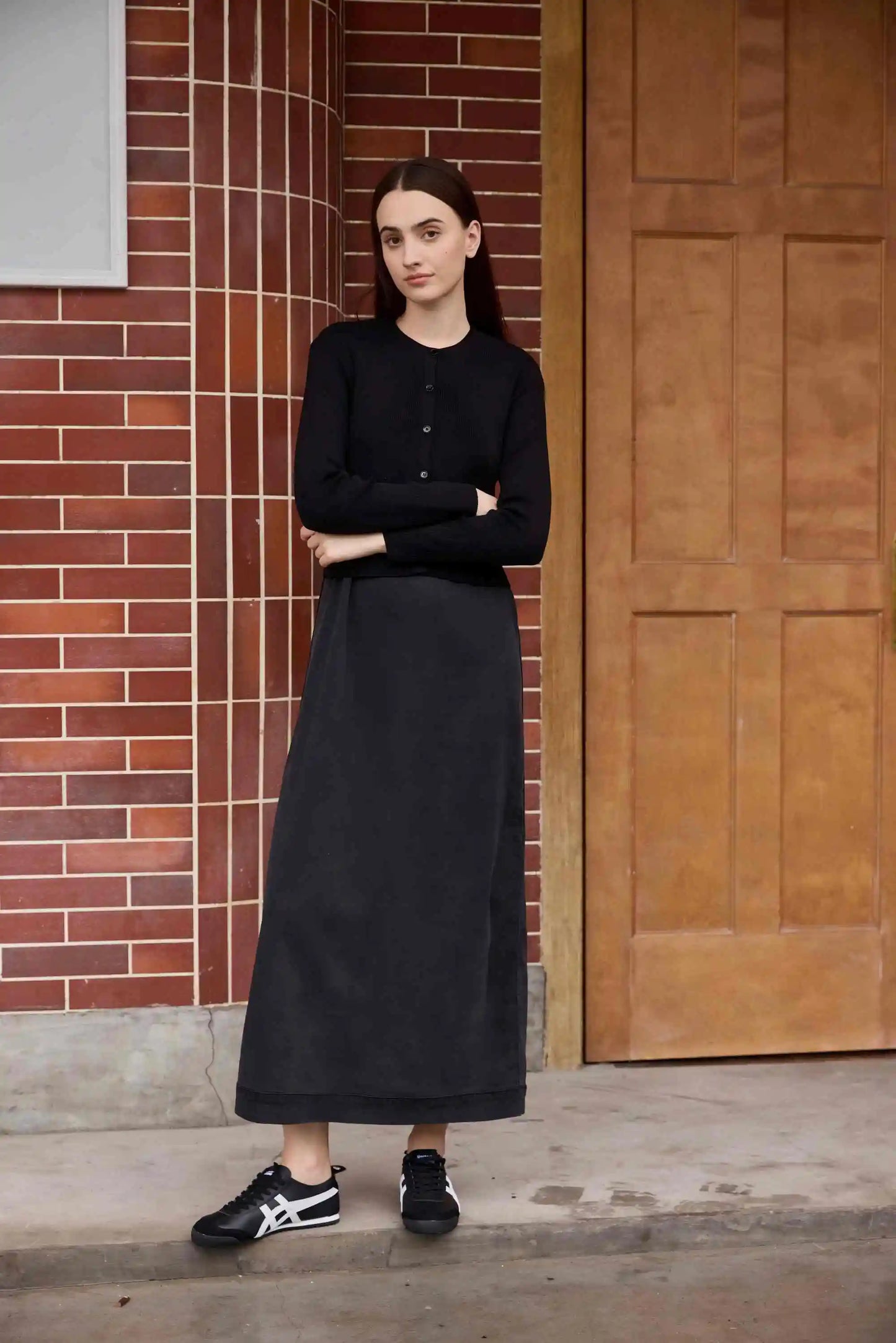 3-Piece Denim Dress Set – V-Neck Maxi Dress + Knit Cardigan + Inner Top