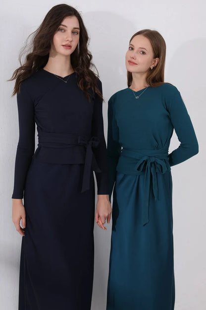 2-Piece Ribbed Wrap Top + Satin Slip Maxi Dress Set (Autumn Edition)