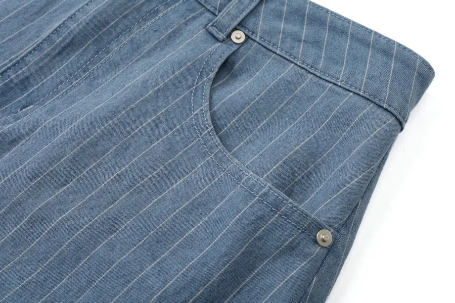 Pinstripe Denim Maxi Skirt (A-Line, Stretch Fit)