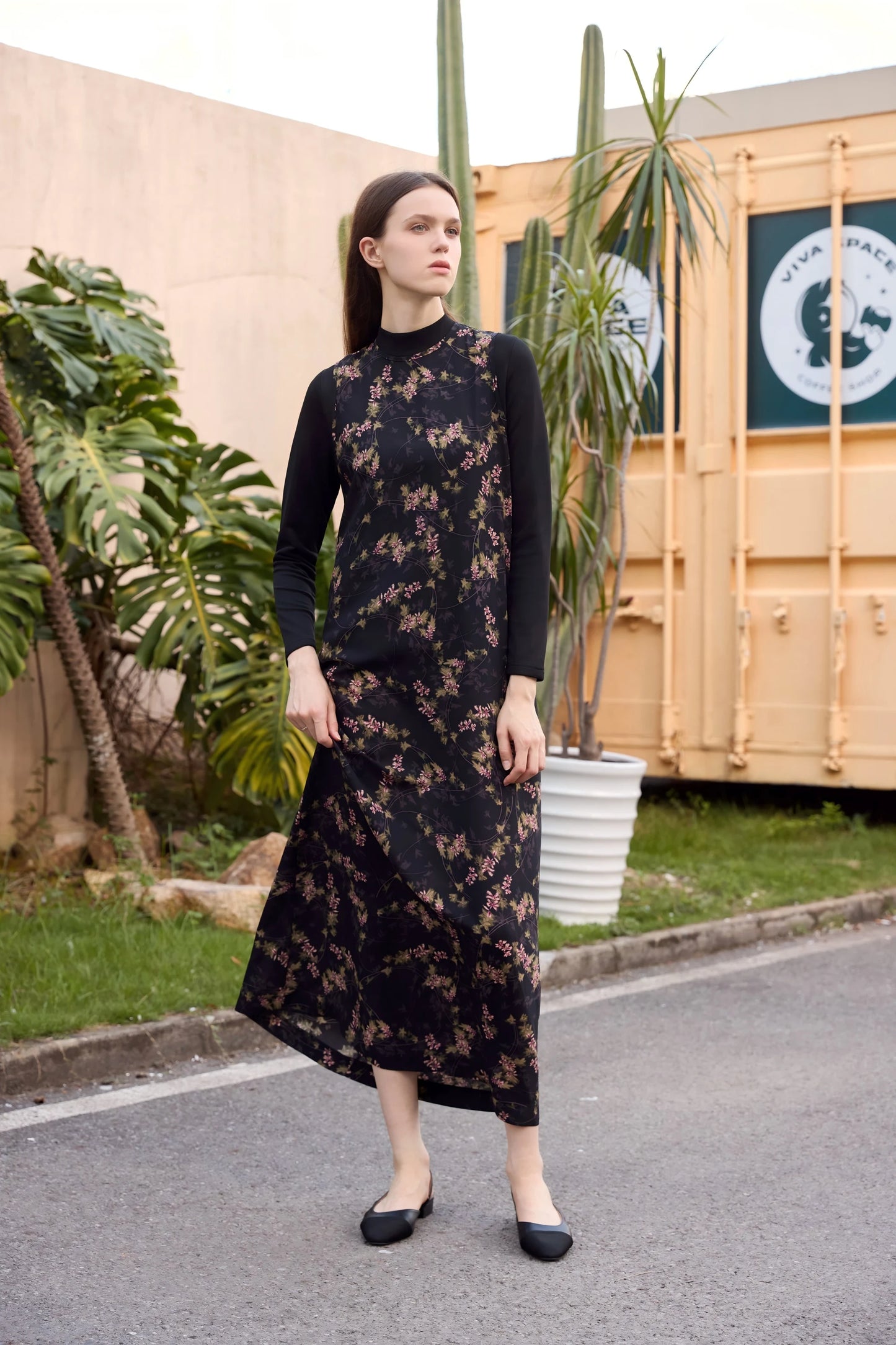 3-Piece Printed Satin Maxi Dress Set – Cardigan + Mock Neck Inner Layer