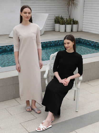 Soft Cotton Maxi Dress – 3/4 Sleeve with Side Pockets