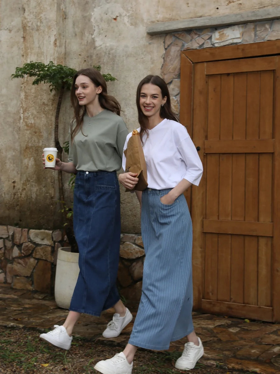 Loose Boxy V-Neck Tee with Drop Sleeves (Cotton Blend)