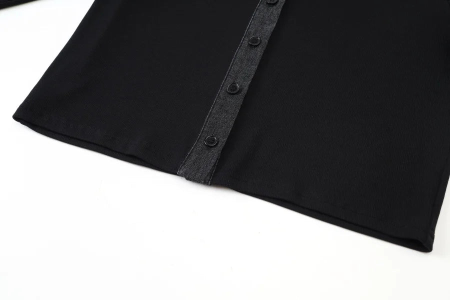 Ribbed Cardigan with Denim Collar + Sleeveless Maxi Dress Set