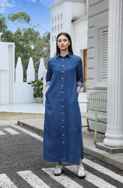 Denim Modest Maxi Shirt Dress – Belted Waist
