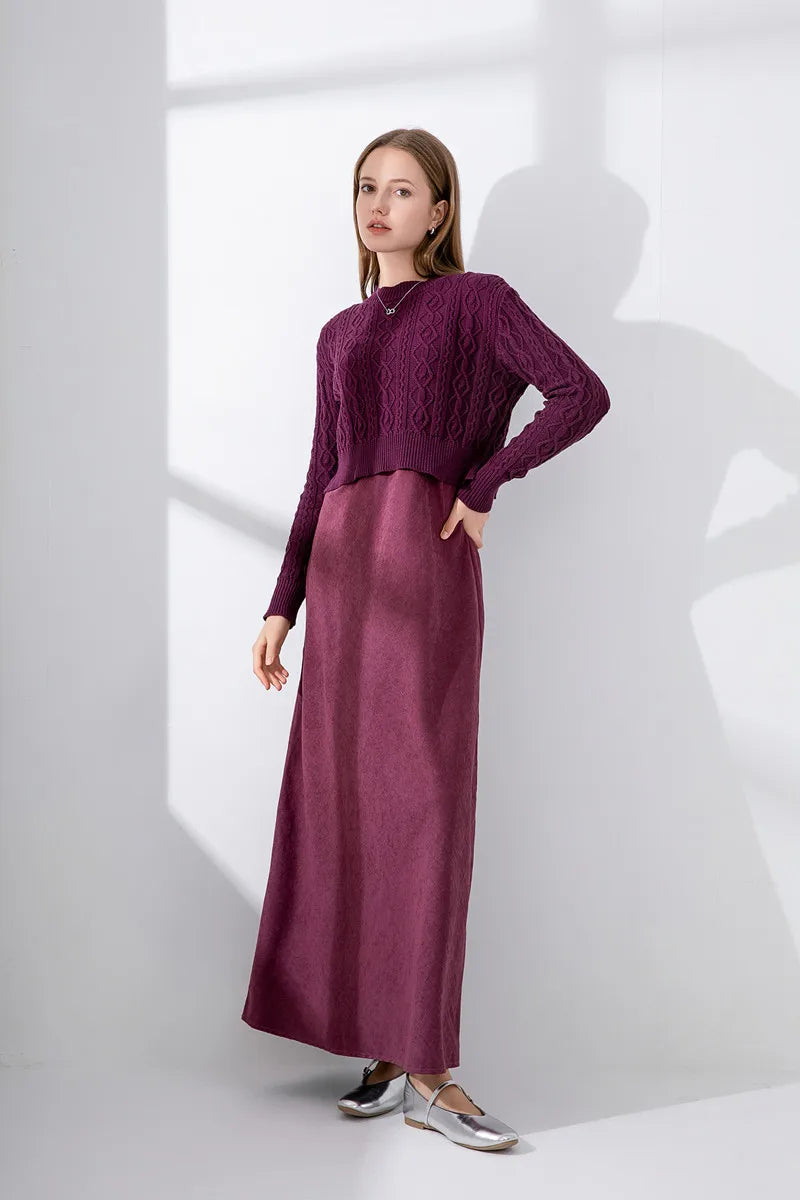 2-Piece Cable Knit Top + Cupro Slip Maxi Dress Set