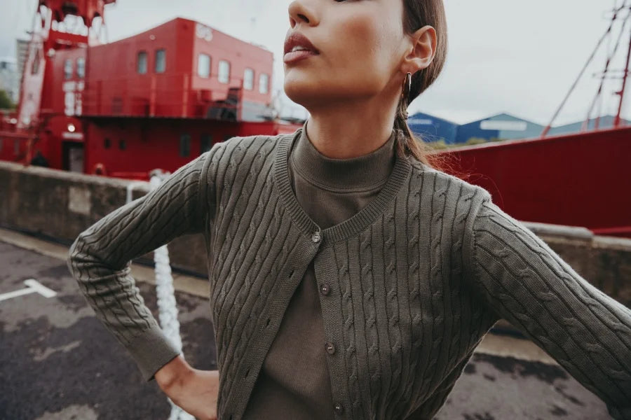 Cable-Knit Cardigan + Ribbed Mockneck Maxi Dress Set