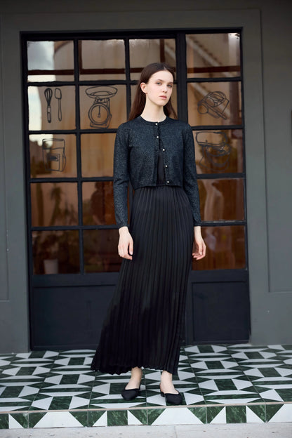 2-Piece Satin Pleated Slip Dress with Shimmer Cardigan