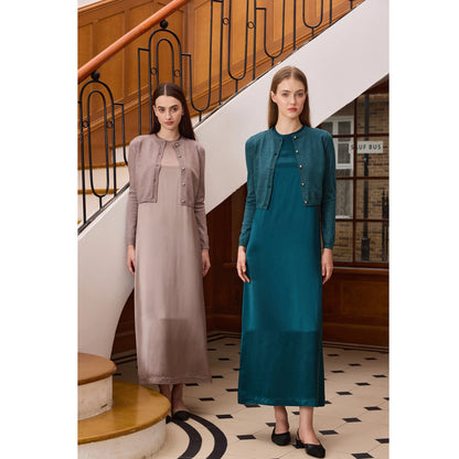 3-Piece Satin Maxi Dress Set – Mesh Inner Top + Modal Shirt + Shimmer Cardigan