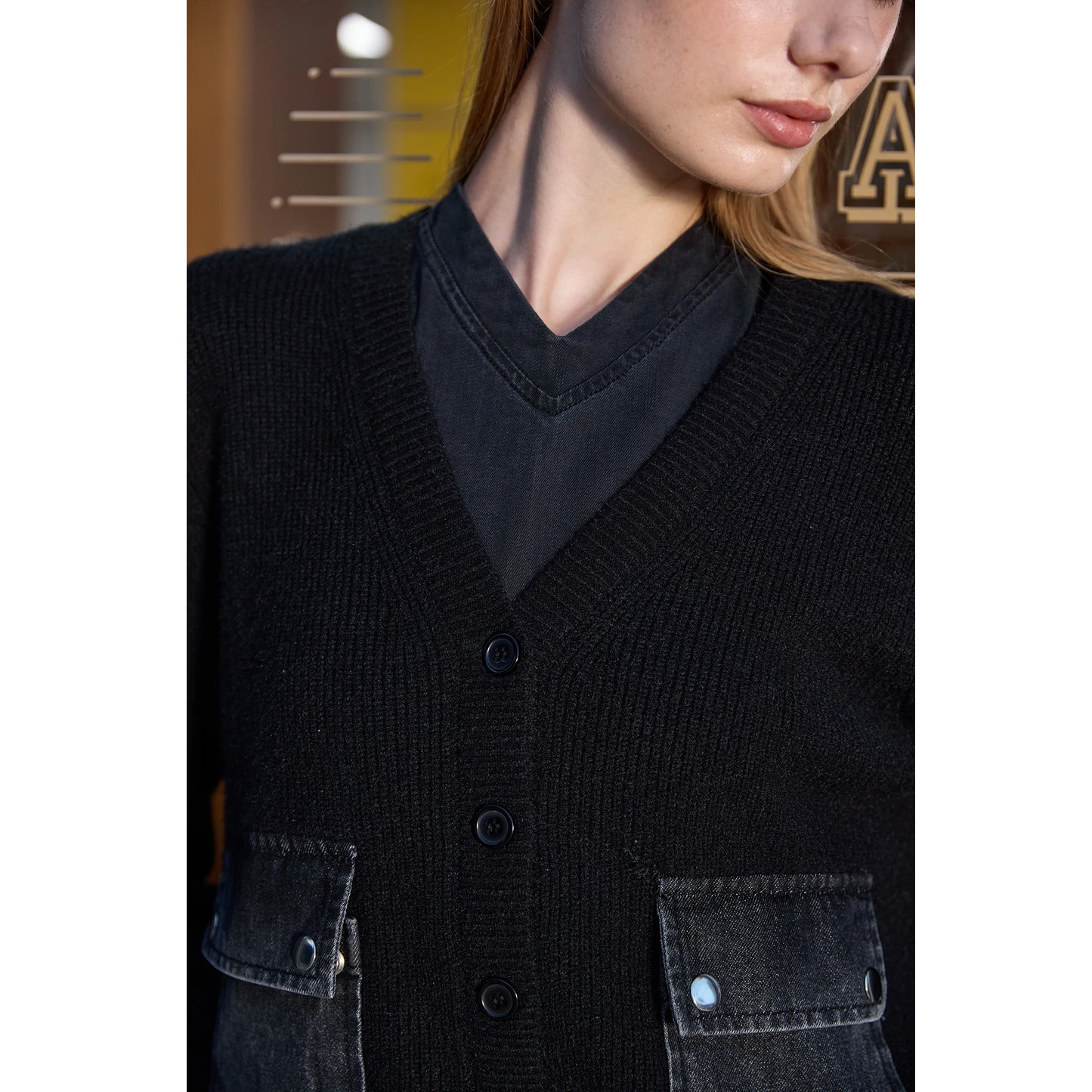 3-Piece Denim Dress Set – V-Neck Maxi Dress + Knit Cardigan + Inner Top