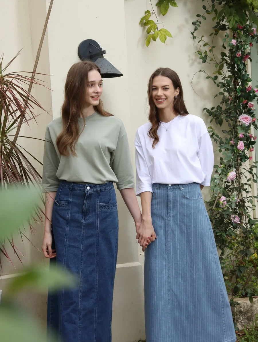 Pinstripe Denim Maxi Skirt (A-Line, Stretch Fit)