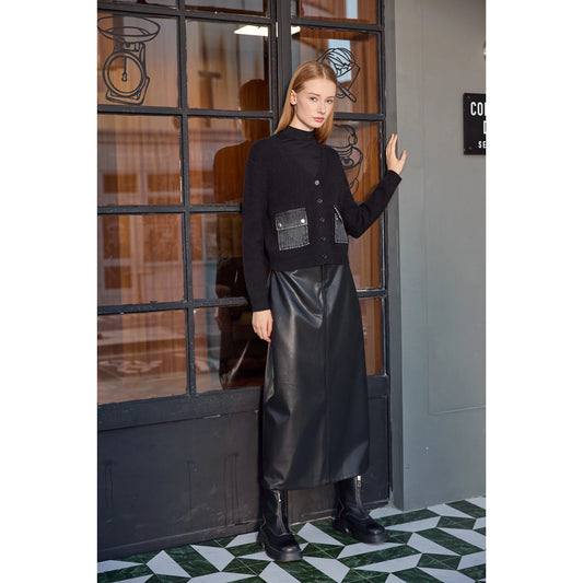 3-Piece Denim Dress Set – V-Neck Maxi Dress + Knit Cardigan + Inner Top