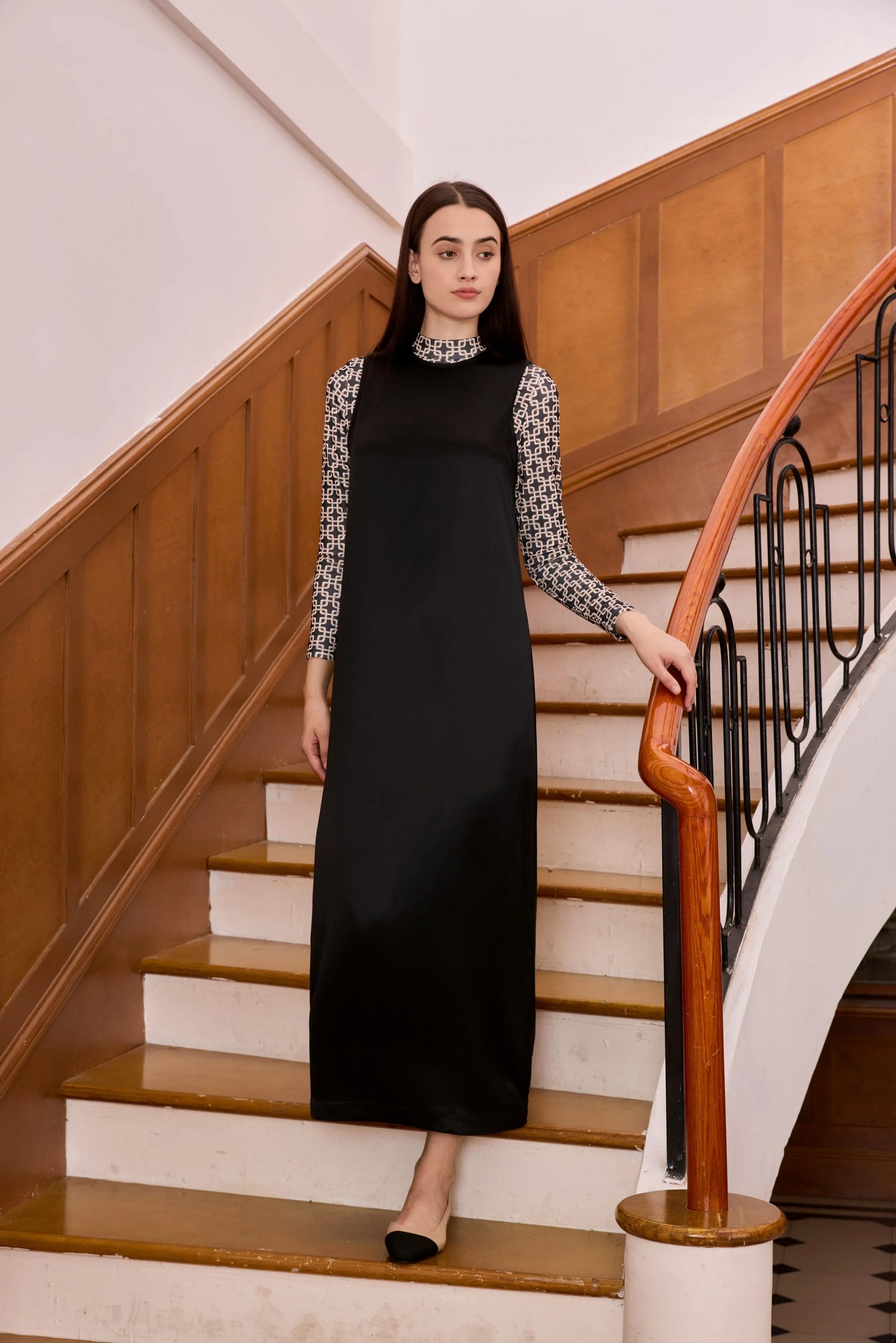 Printed Satin Maxi Dress Set – Mesh Inner Top + Knitted Vest (3-Piece Set)