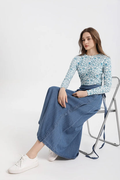 High-Stretch Printed Ribbed Top (Cotton Blend)