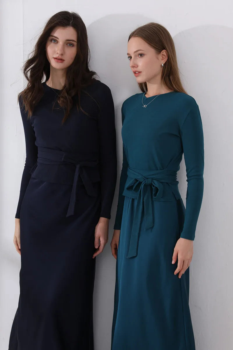 2-Piece Ribbed Wrap Top + Satin Slip Maxi Dress Set (Autumn Edition)