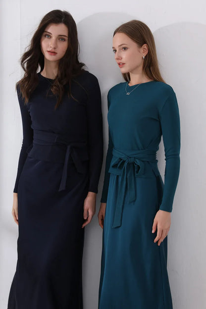 2-Piece Ribbed Wrap Top + Satin Slip Maxi Dress Set (Autumn Edition)