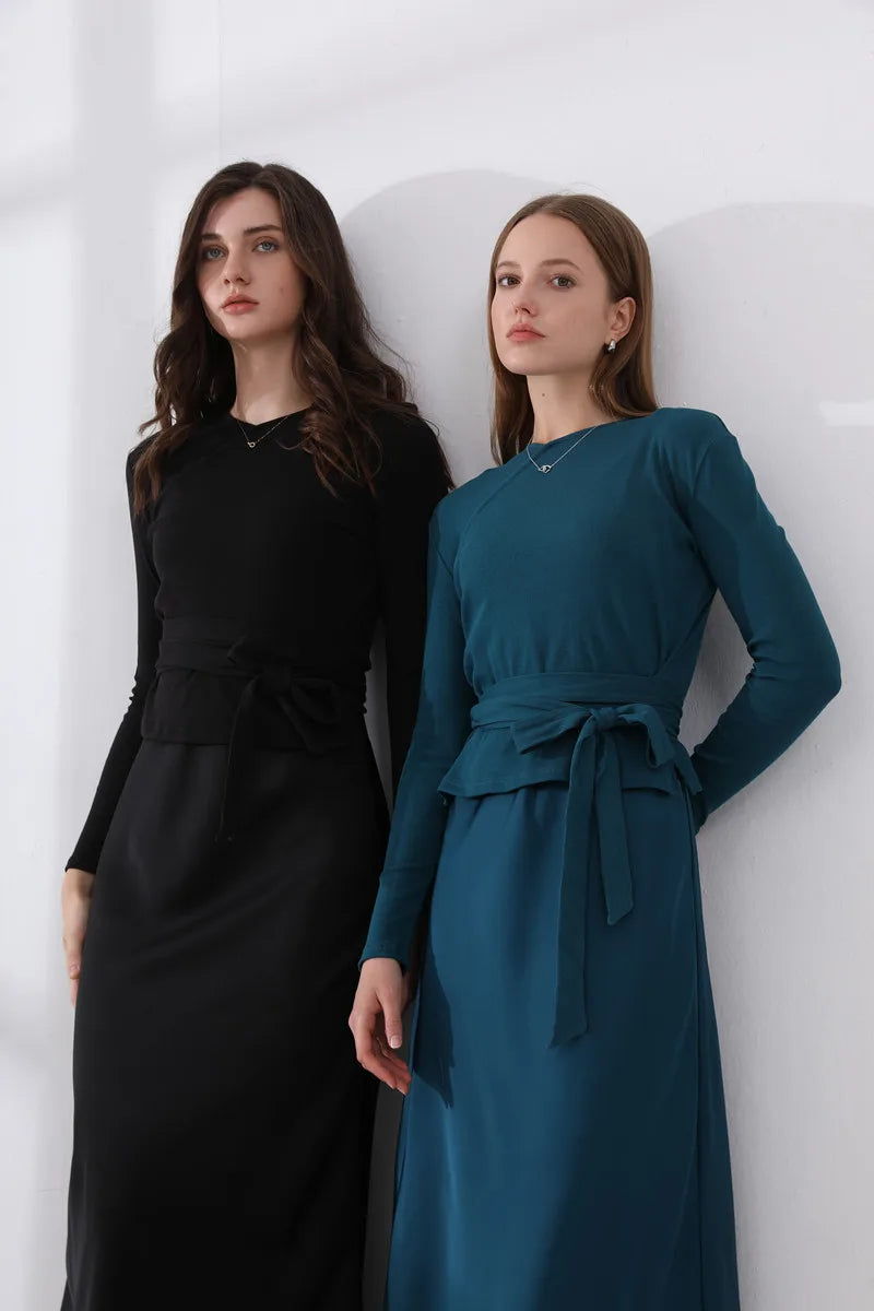 2-Piece Ribbed Wrap Top + Satin Slip Maxi Dress Set (Autumn Edition)